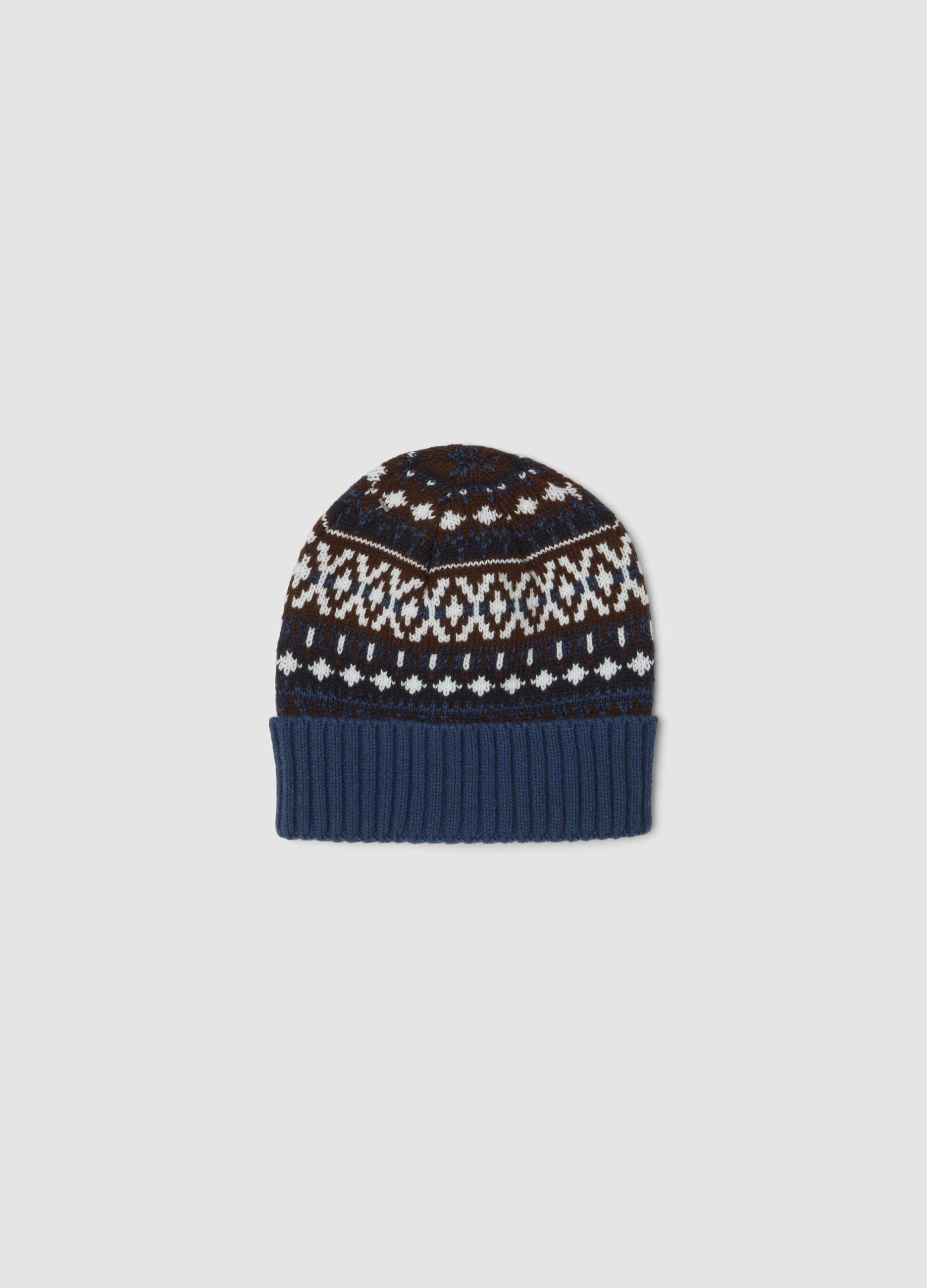 Berretto blu navy in maglia jacquard con risvolto