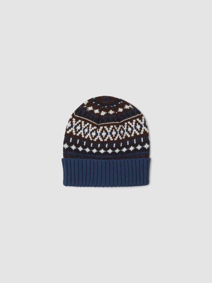 Berretto blu navy in maglia jacquard con risvolto_0