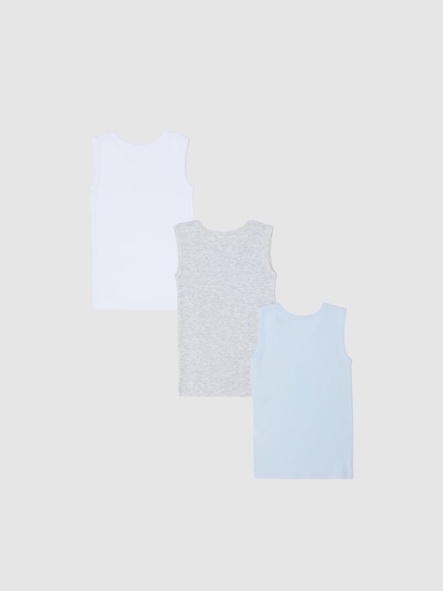 Three-pack grey and light blue racerback vests in organic cotton_1