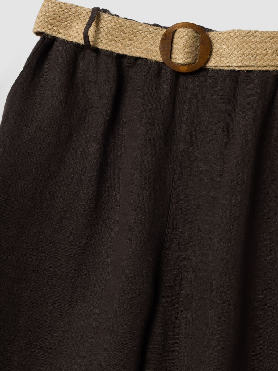 Pantaloni marroni in puro lino a gamba larga e vita elasticizzata_5