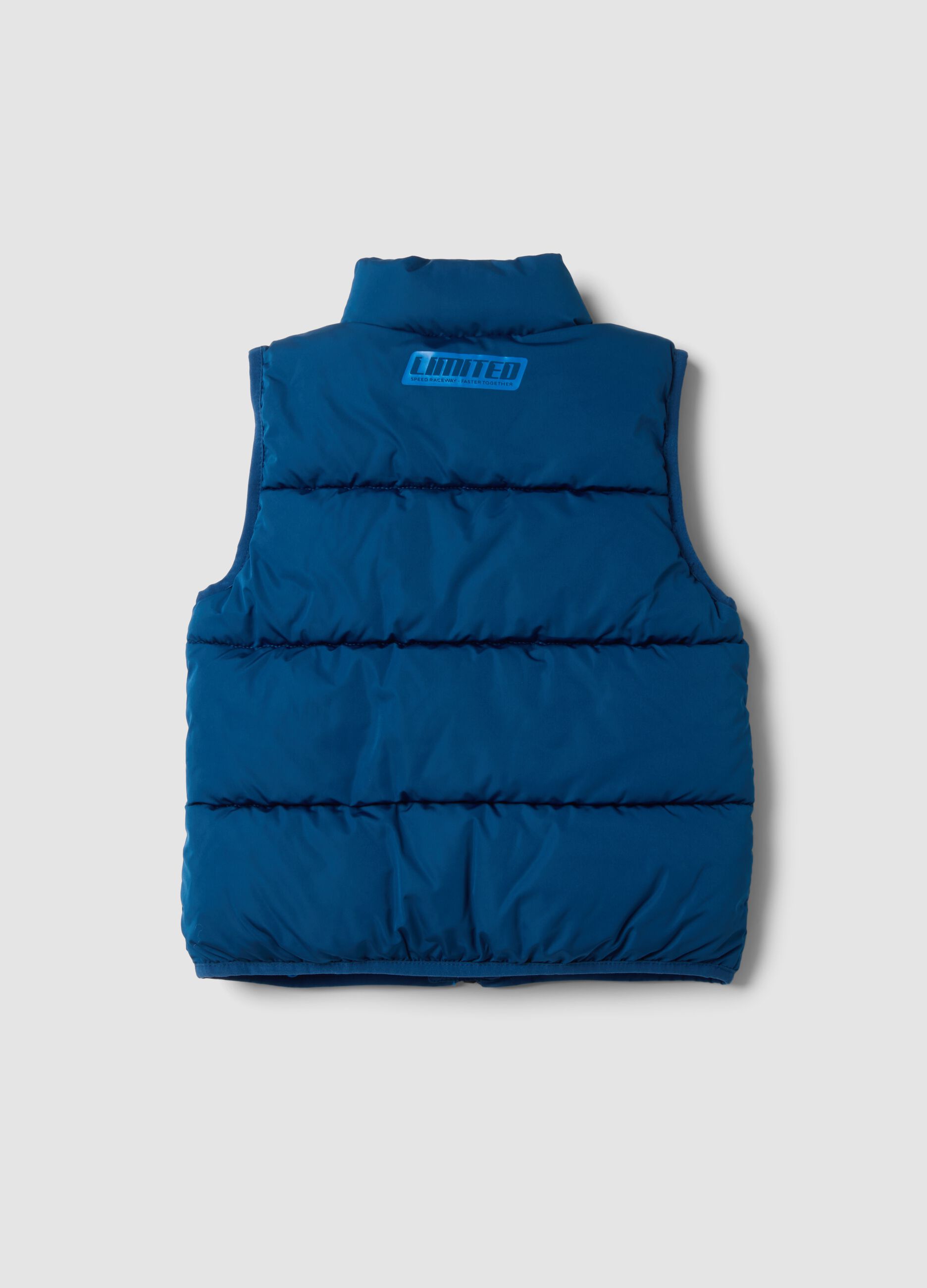 Blue padded gilet with zip and high neck, regular fit