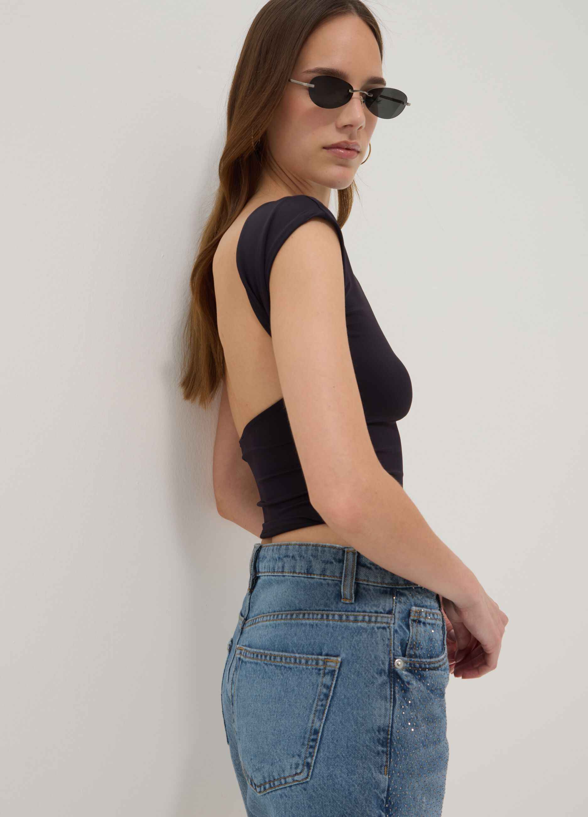 Black stretch fabric top