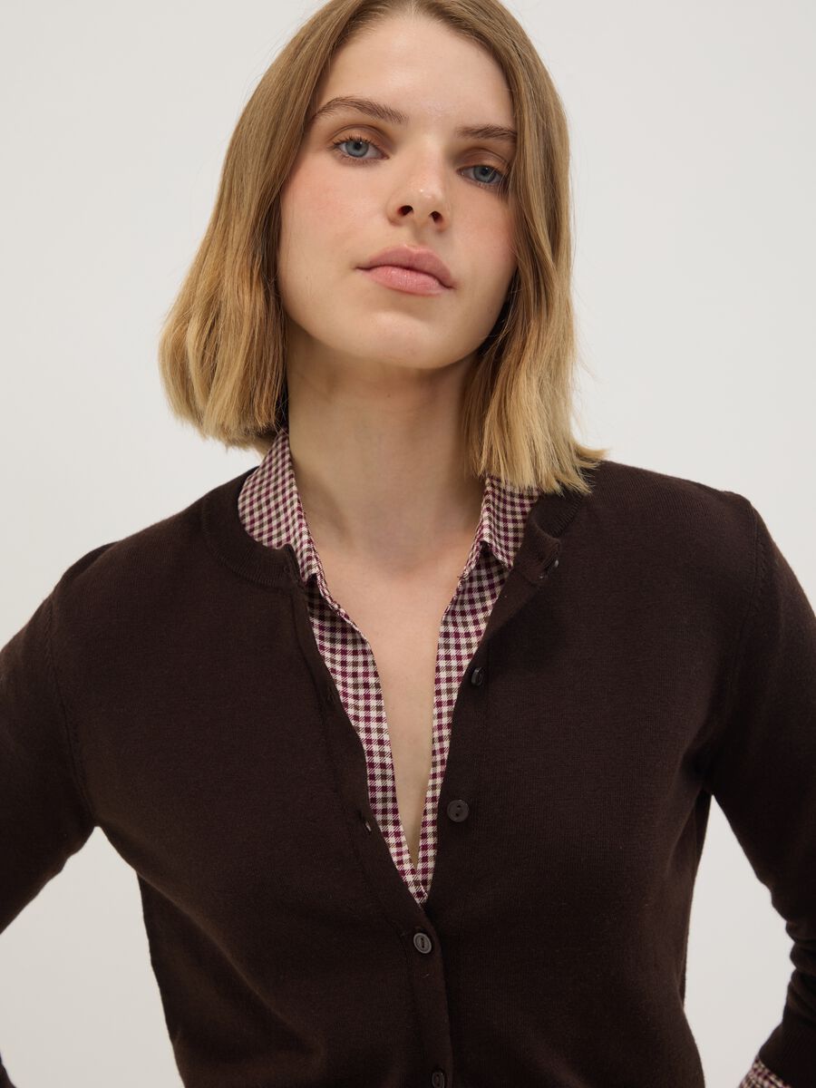 Brown wool-blend crew-neck cardigan_0