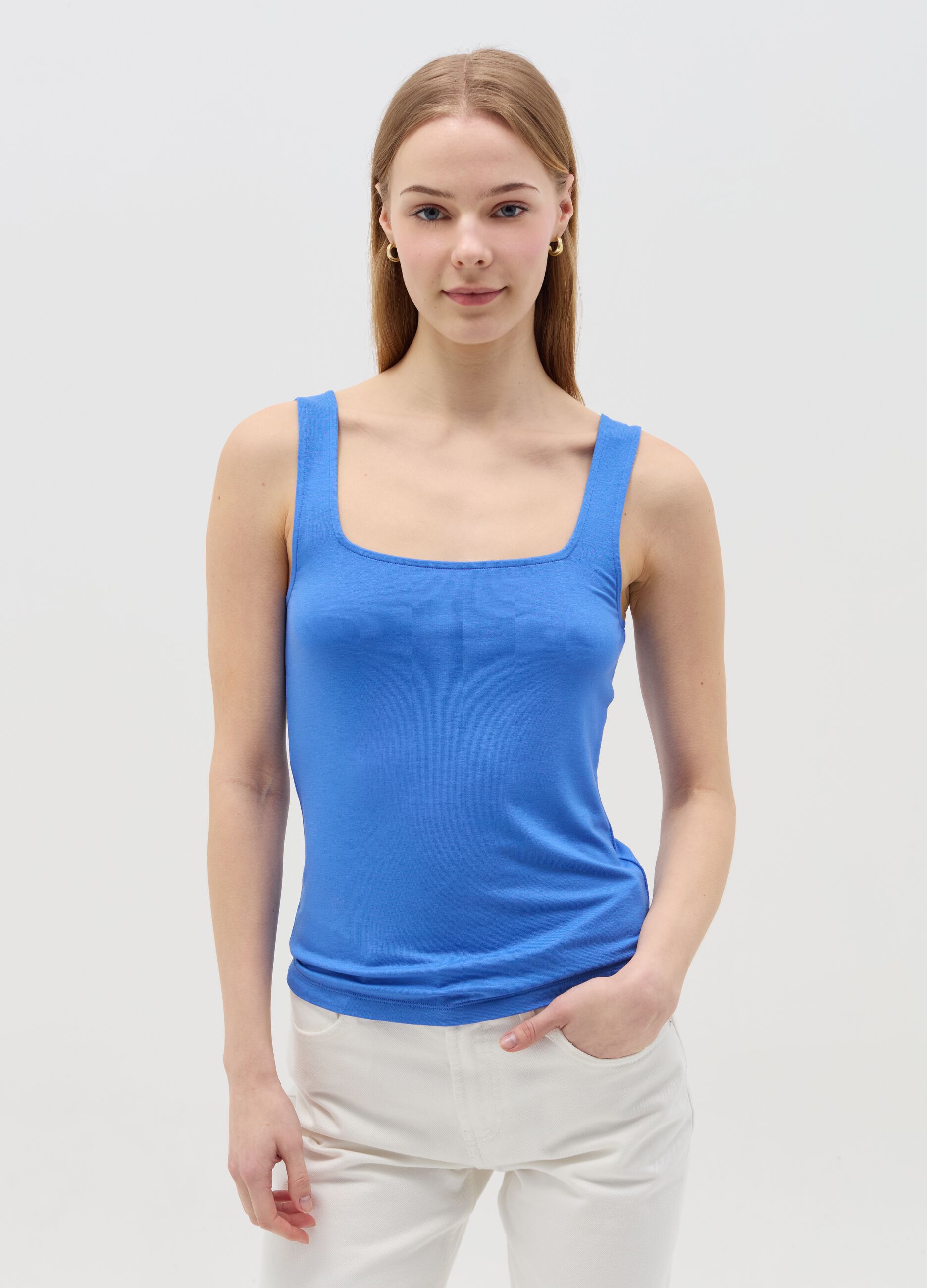 Basic light blue tank top in stretch viscose