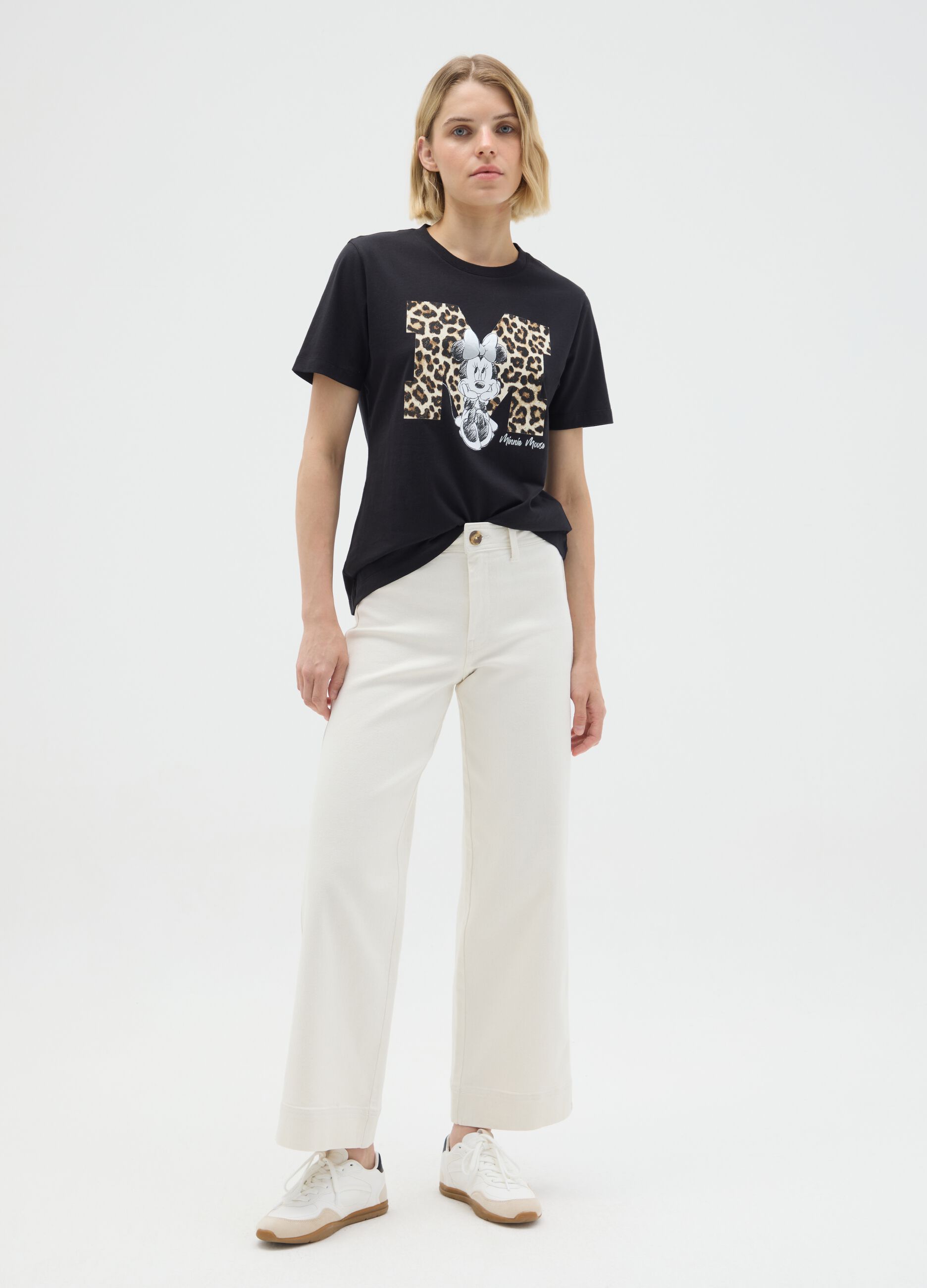 Black pure cotton regular fit t-shirt with Minnie and leopard print