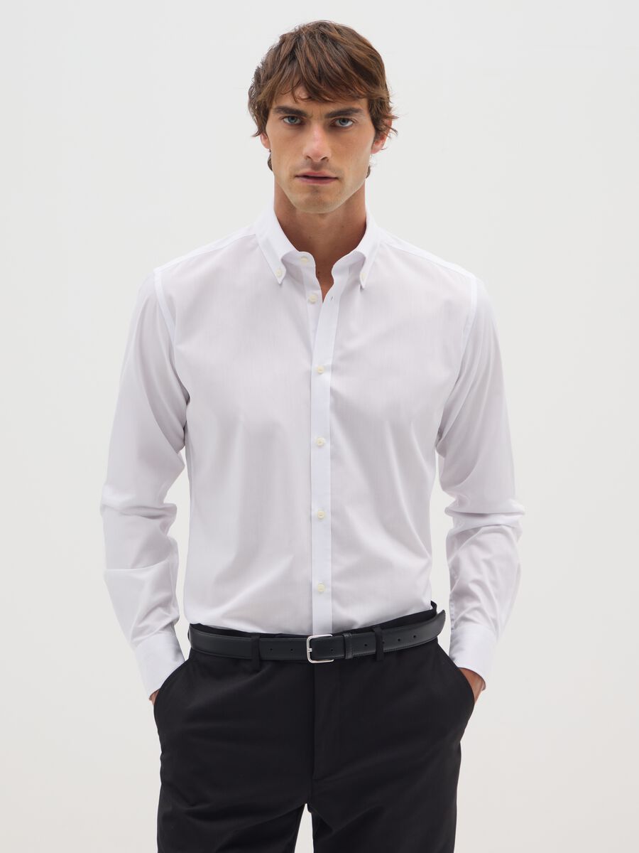 White Cotton Blend Slim Fit Shirt_0