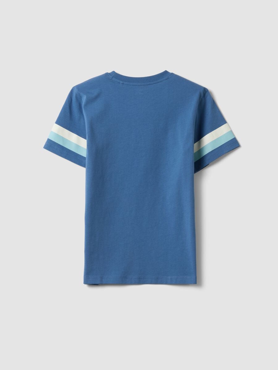 T-shirt azzurra in puro cotone da ragazzo con righe sulle maniche_4