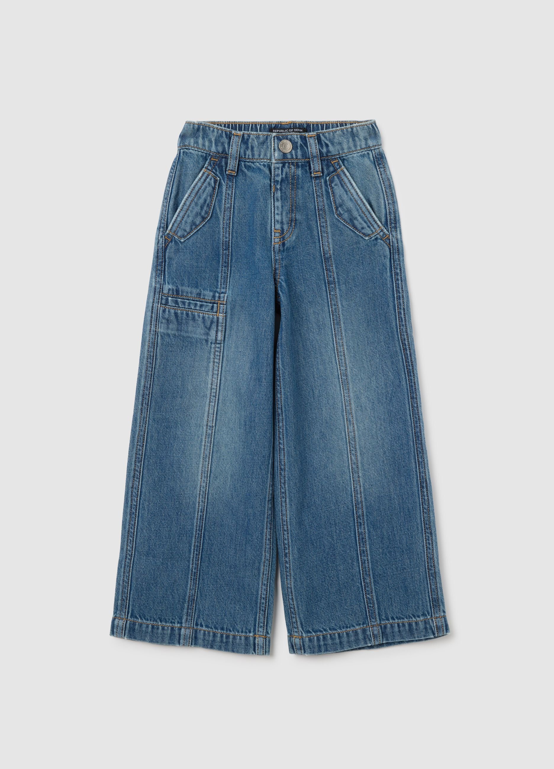 Girls' wide-leg pure cotton denim trousers