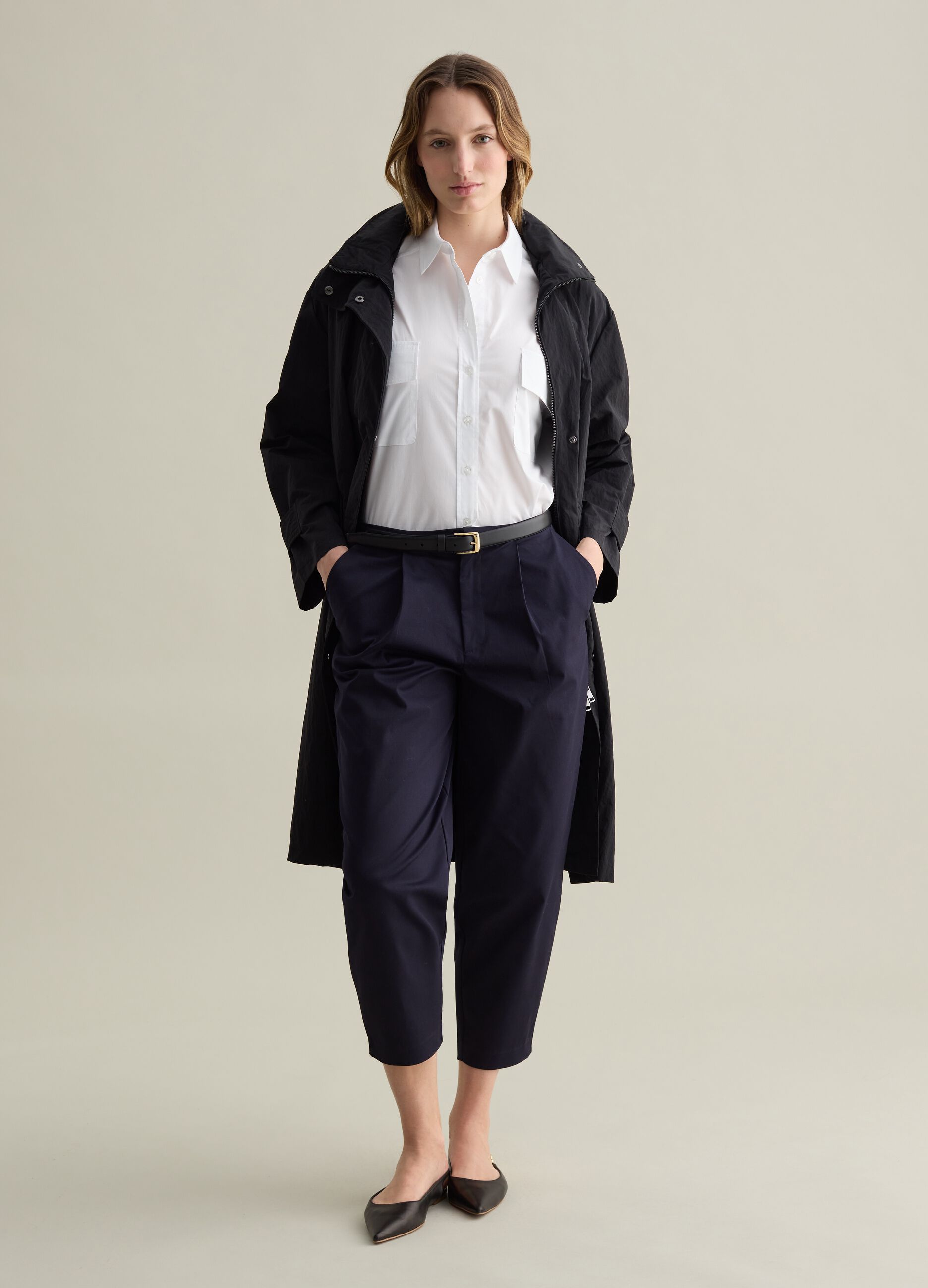 Long trench coat with zip and buttons