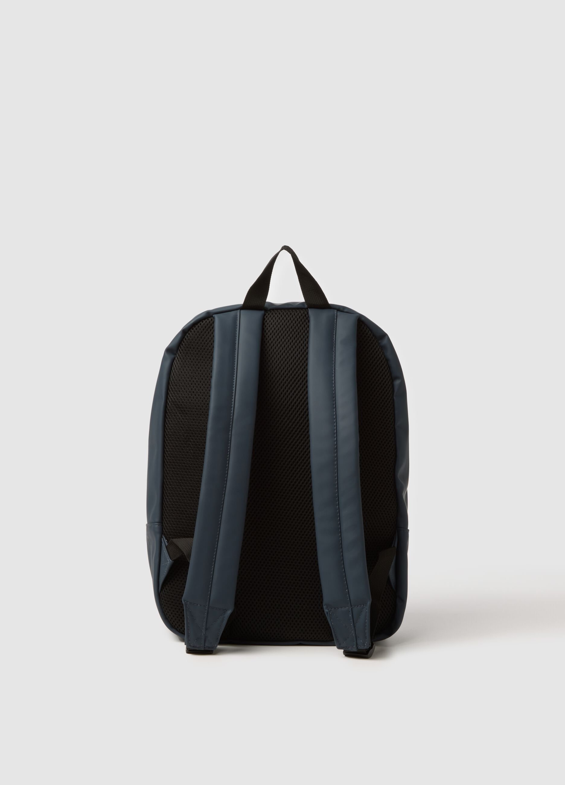 Blue backpack with adjustable straps and front pocket