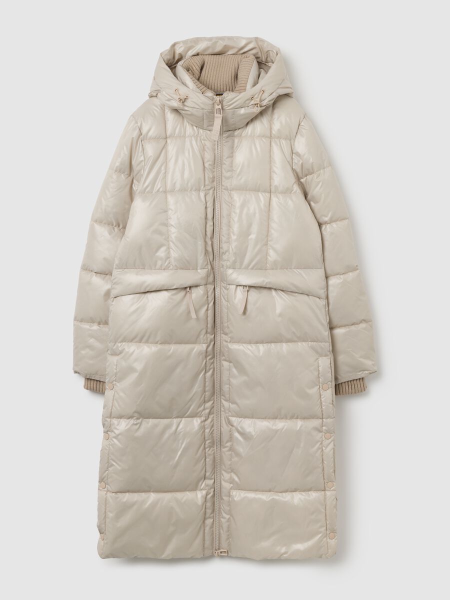 Piumino The Perfect Puffer beige lungo con cappuccio_0