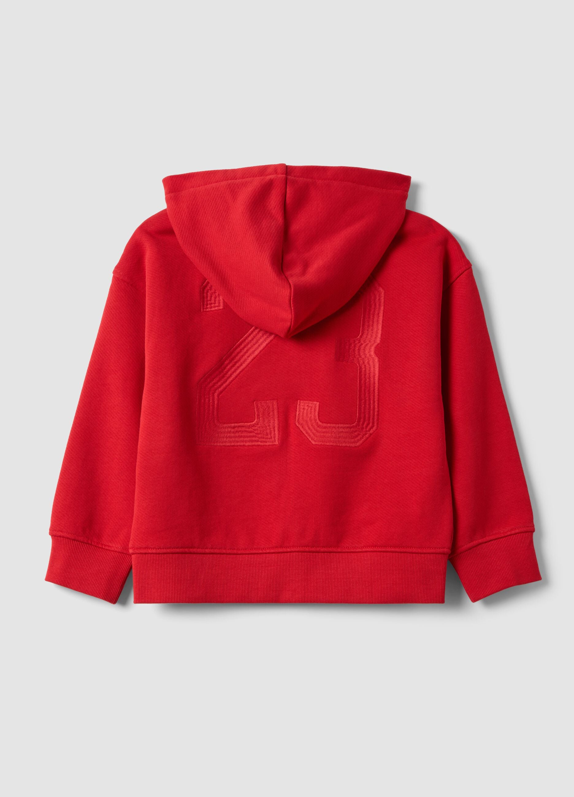 Red organic cotton hoodie with embroidered details, oversized fit, for boys