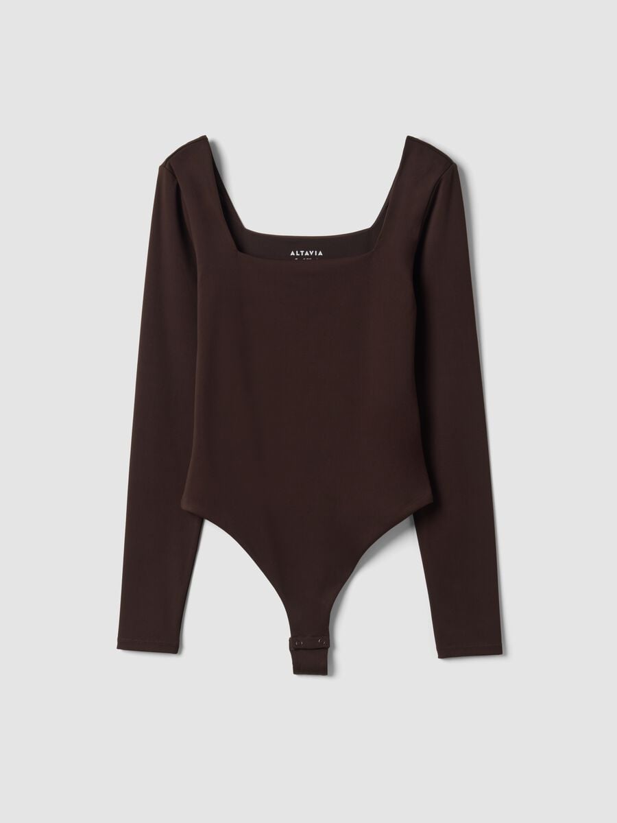 Body marrone in tessuto elasticizzato con scollo madonna_4