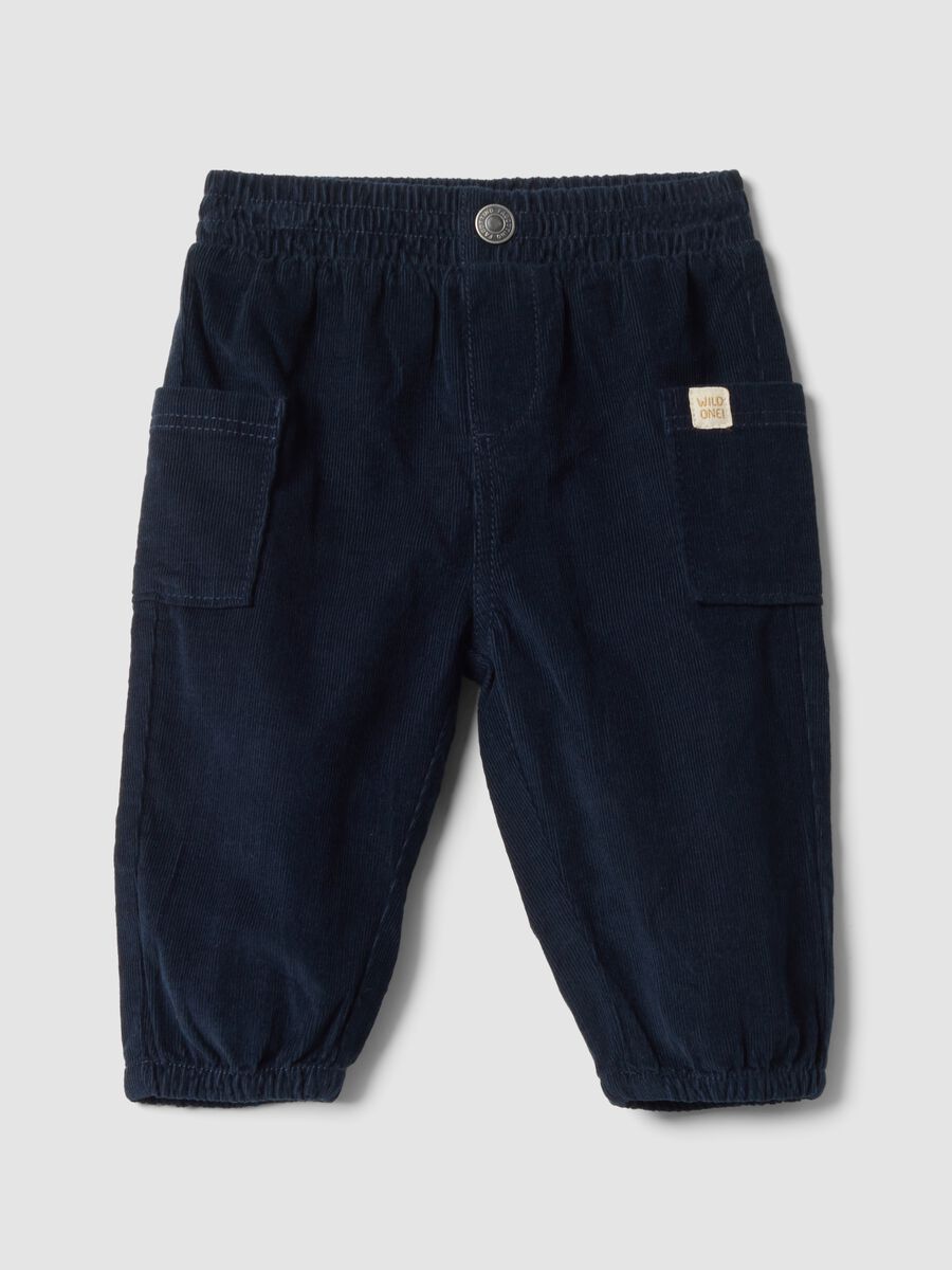 Pantaloni cargo blu a coste in puro cotone con vita elasticizzata_0