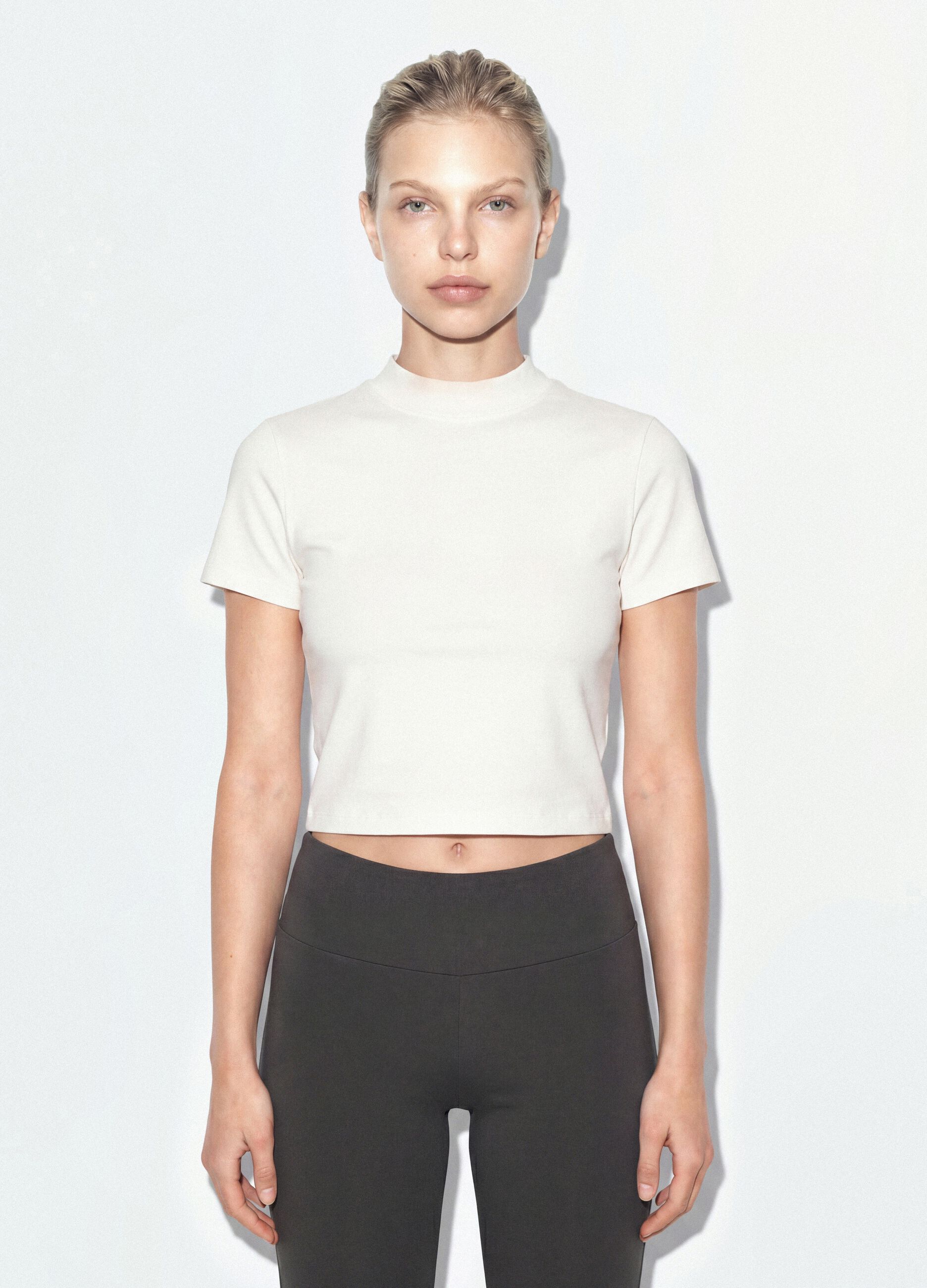 White fitted stretch-cotton T-shirt with high neck