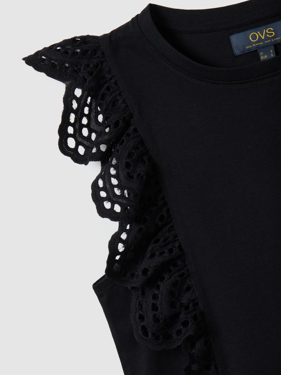 Women's black pure cotton top with lace, regular fit_1