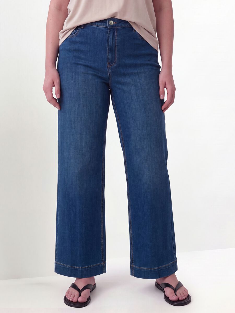 Jeans denim blu in cotone e viscosa elasticizzata bootcut fit_1