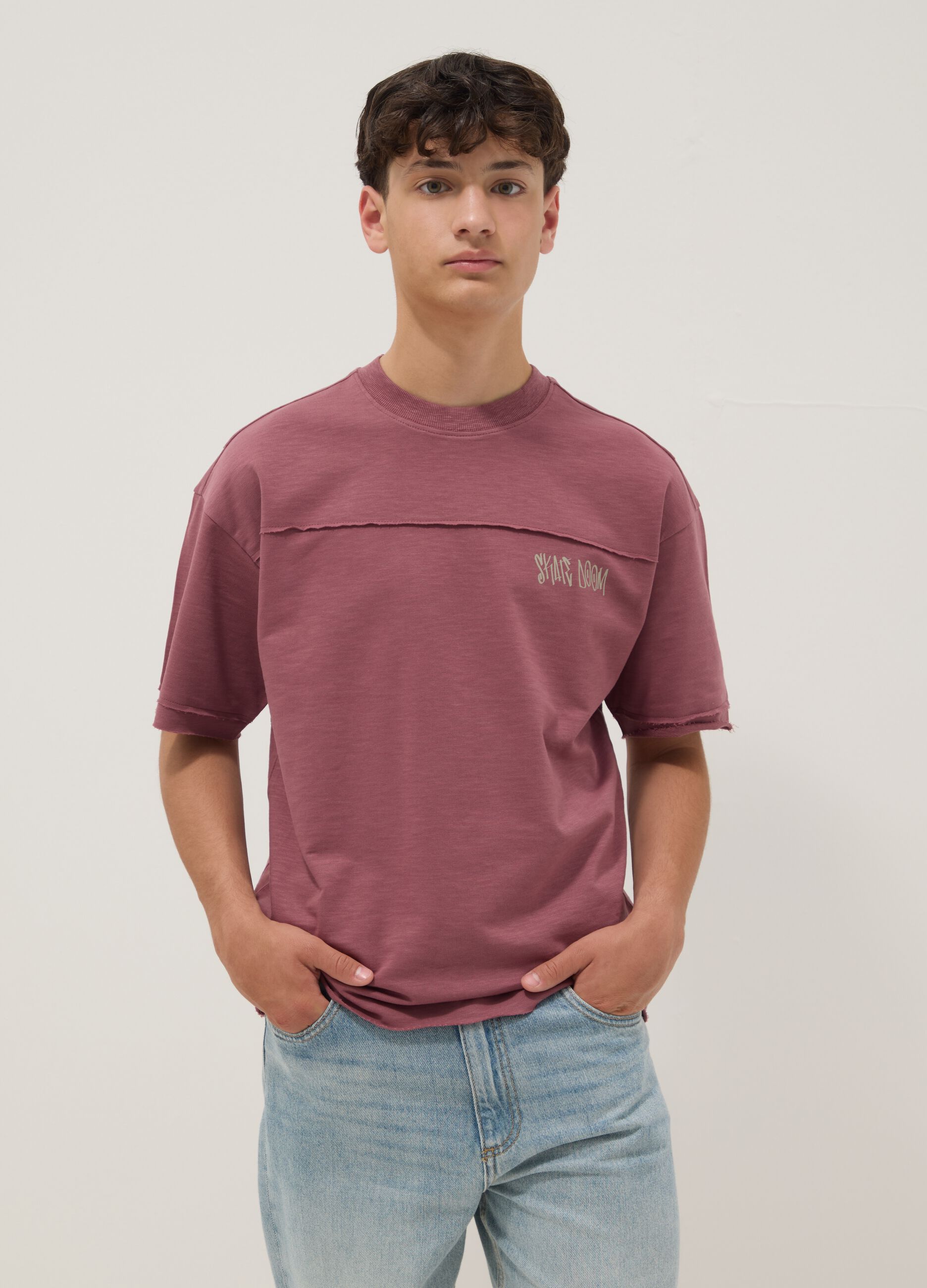 Red short-sleeve pure cotton oversized T-shirt for boys