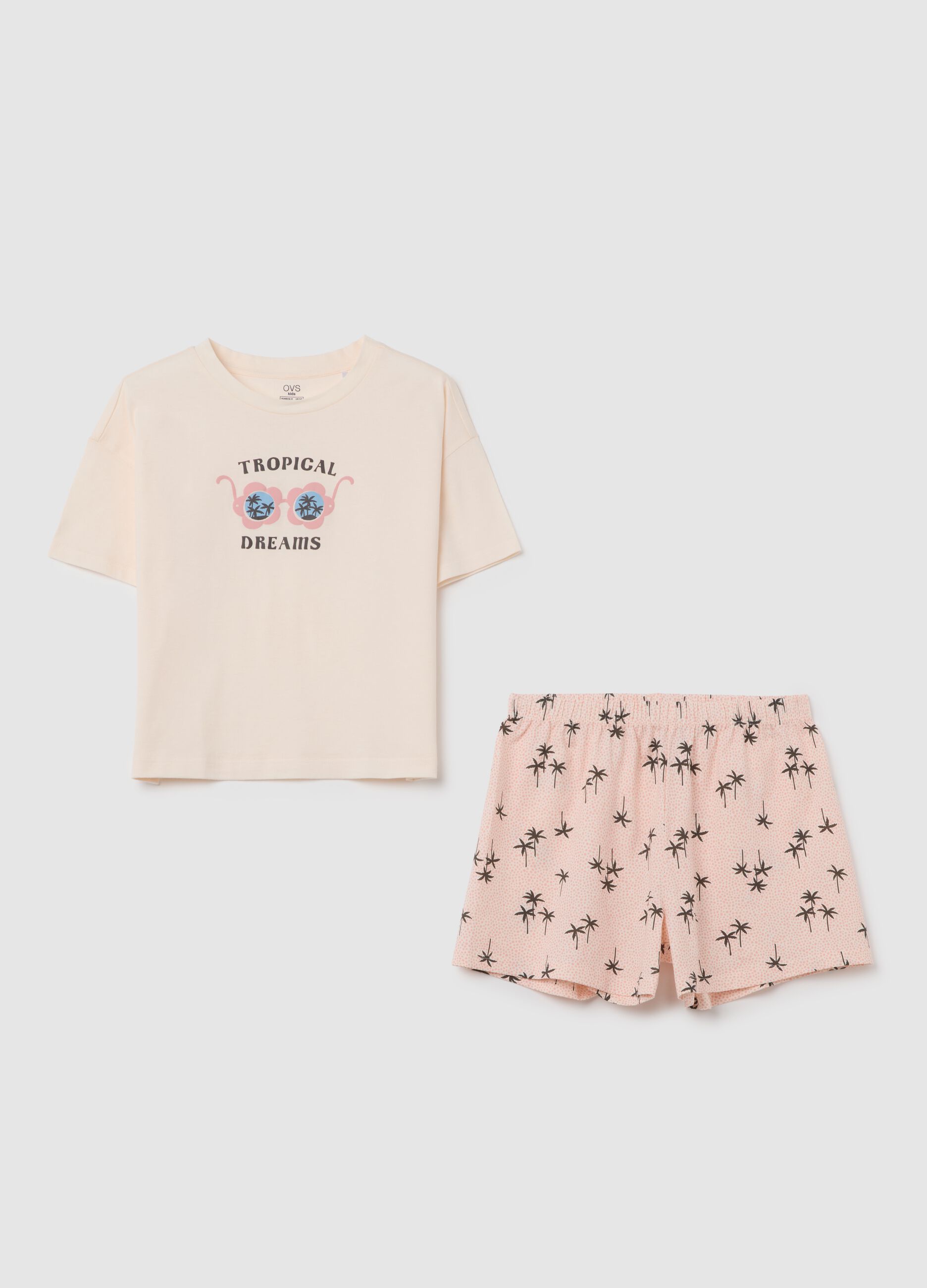 Girls' beige cotton set with tropical print