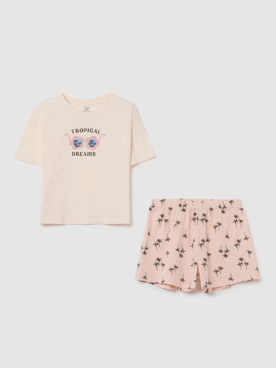 Girls' beige cotton set with tropical print_0