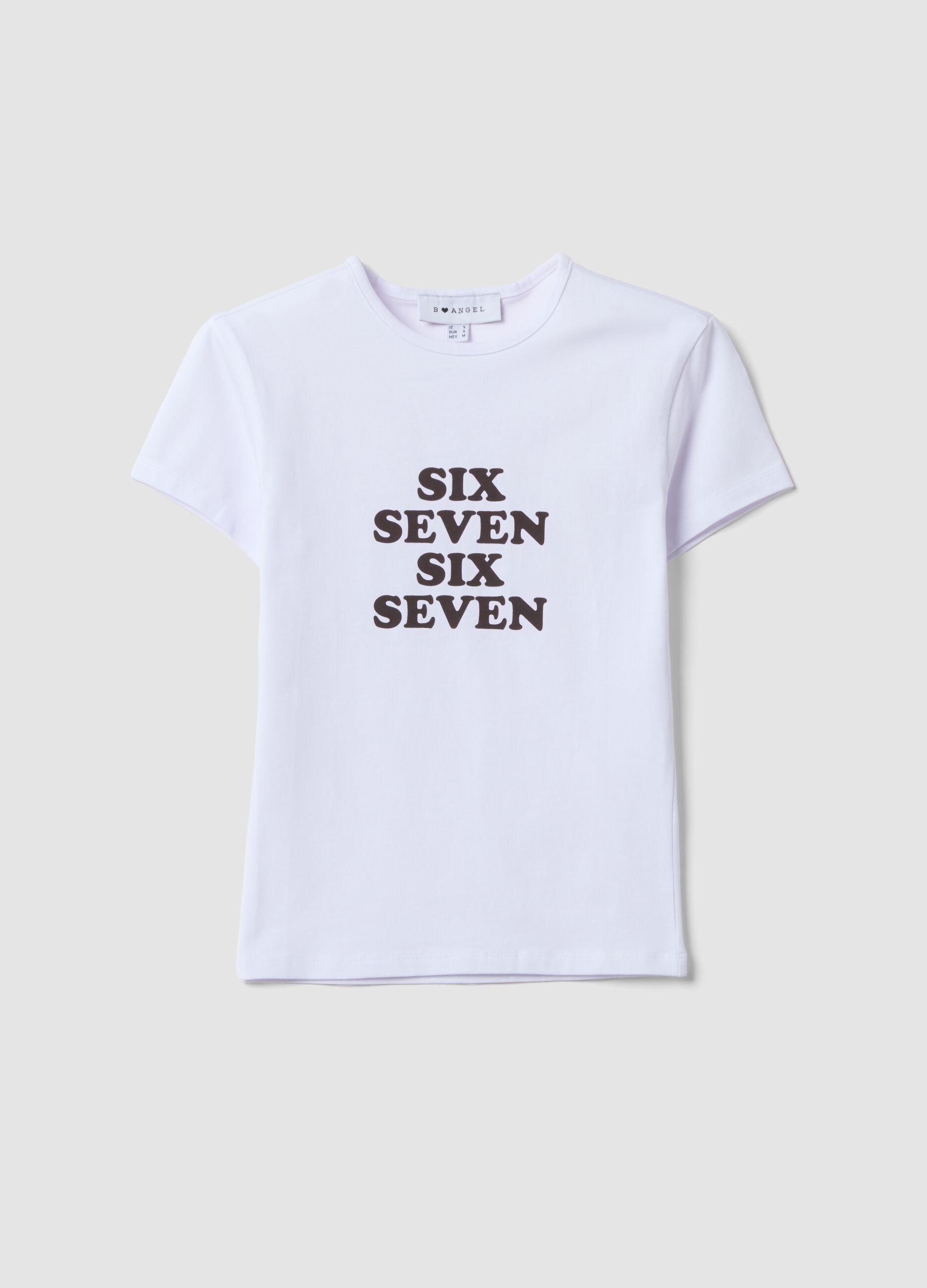 White fitted pure cotton T-shirt with Six Seven front print