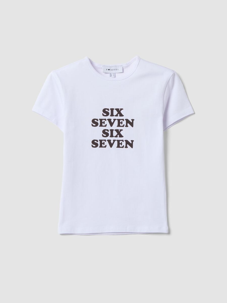 White fitted pure cotton T-shirt with Six Seven front print_4