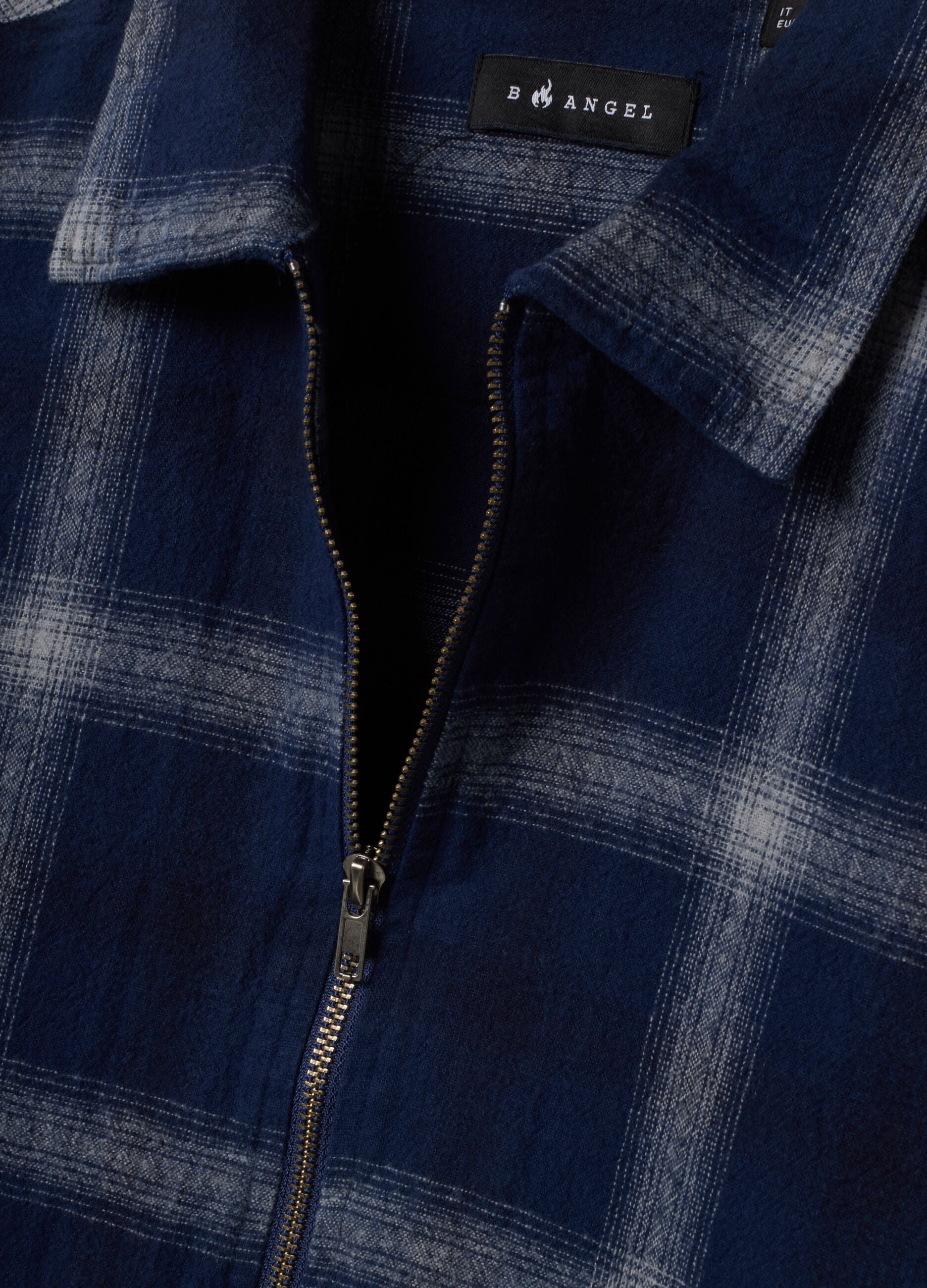 Camicia cropped blu in puro cotone a quadri con zip over fit