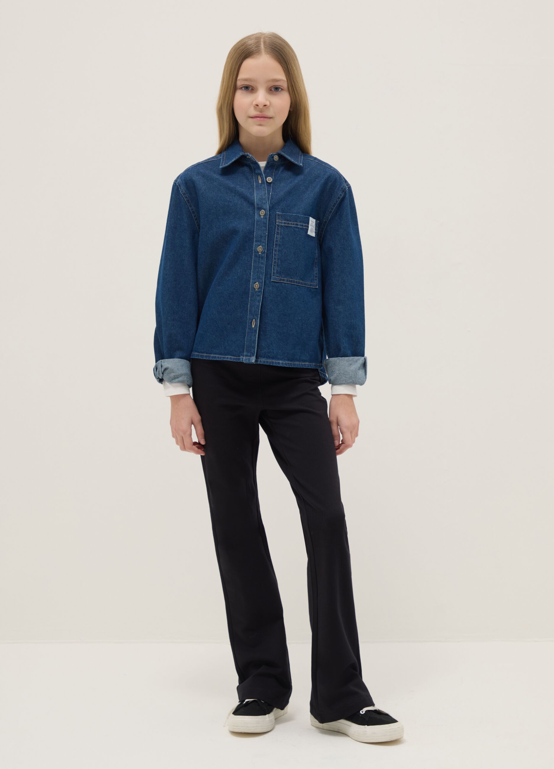 Girls' Regular Fit Black Stretch Cotton Treggings