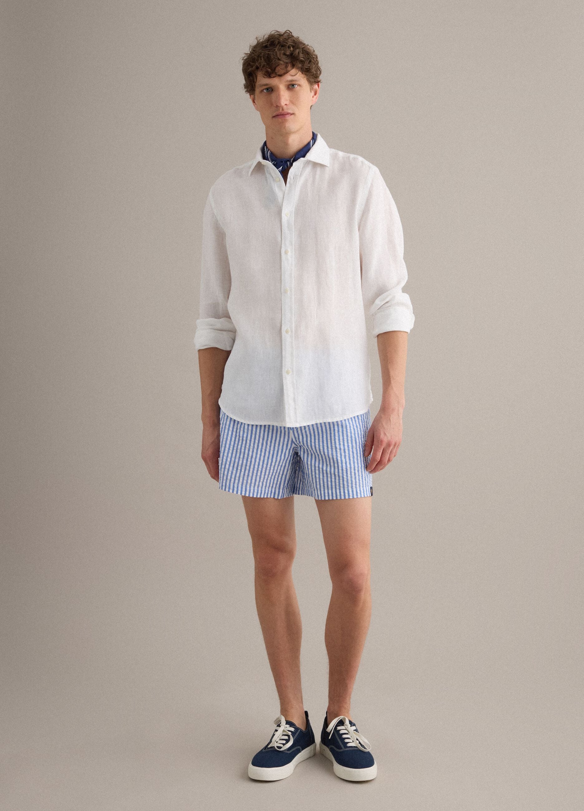 Blue and white striped pure cotton swim shorts