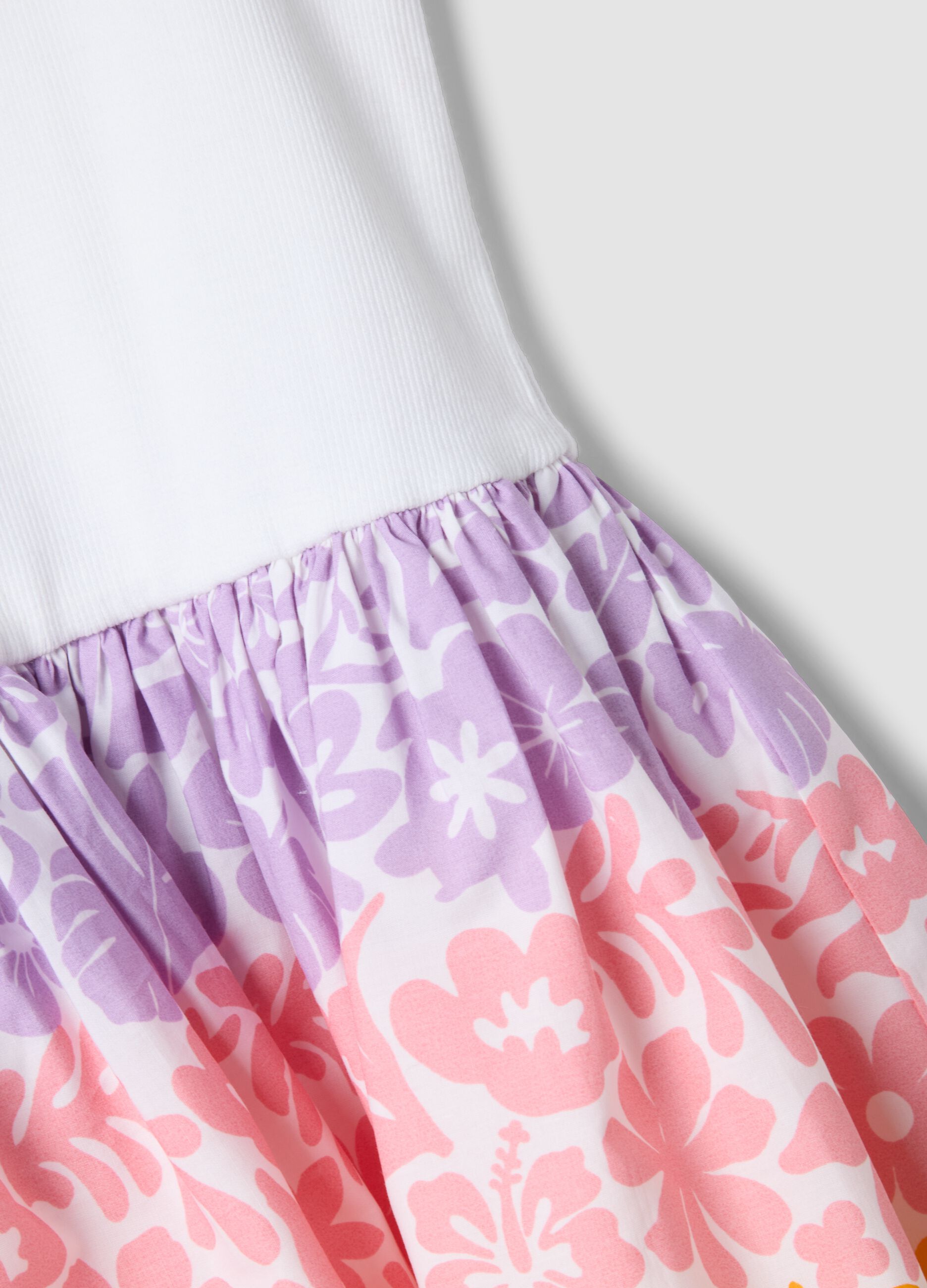 White stretch cotton dress with patterned skirt