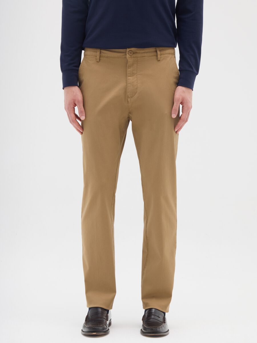 Beige Stretch Cotton Trousers Regular Fit_1