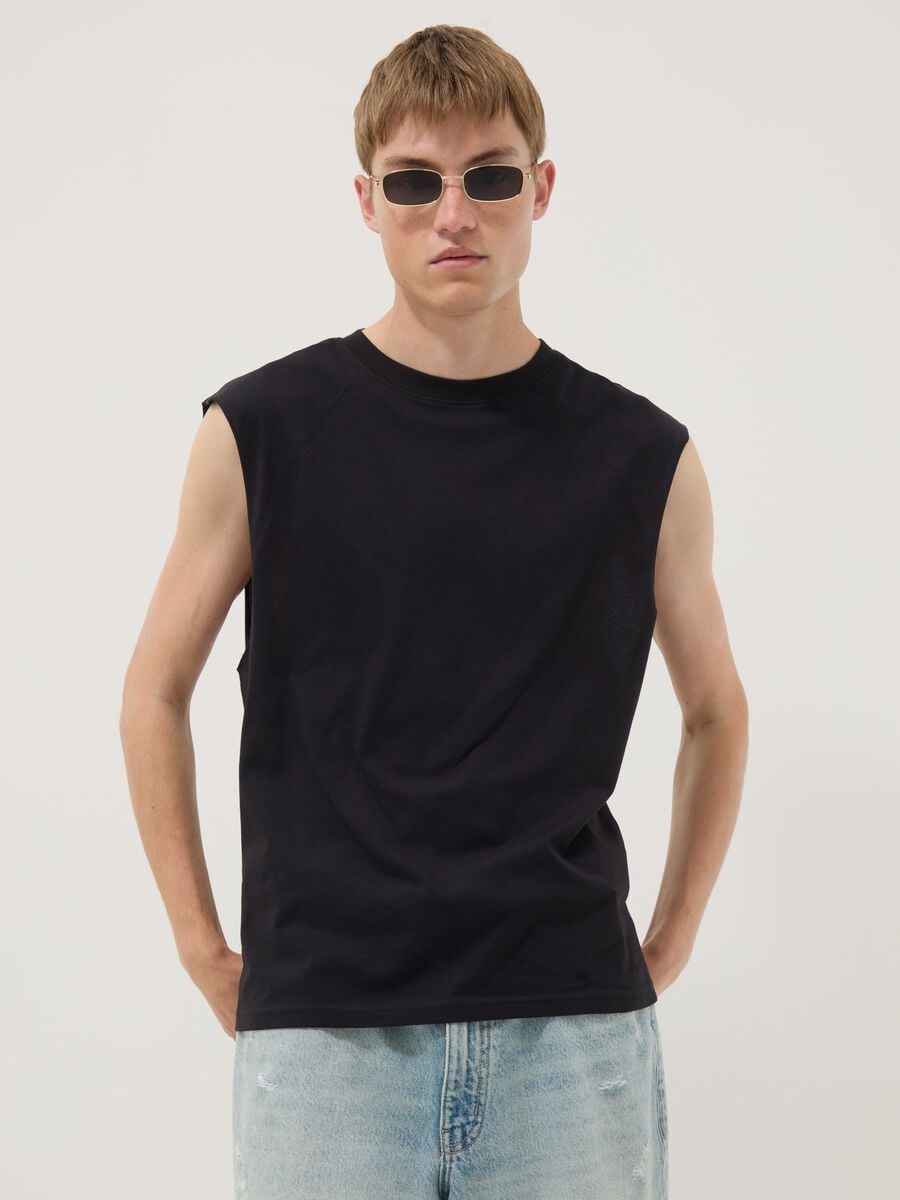 Black pure cotton regular-fit tank top_0