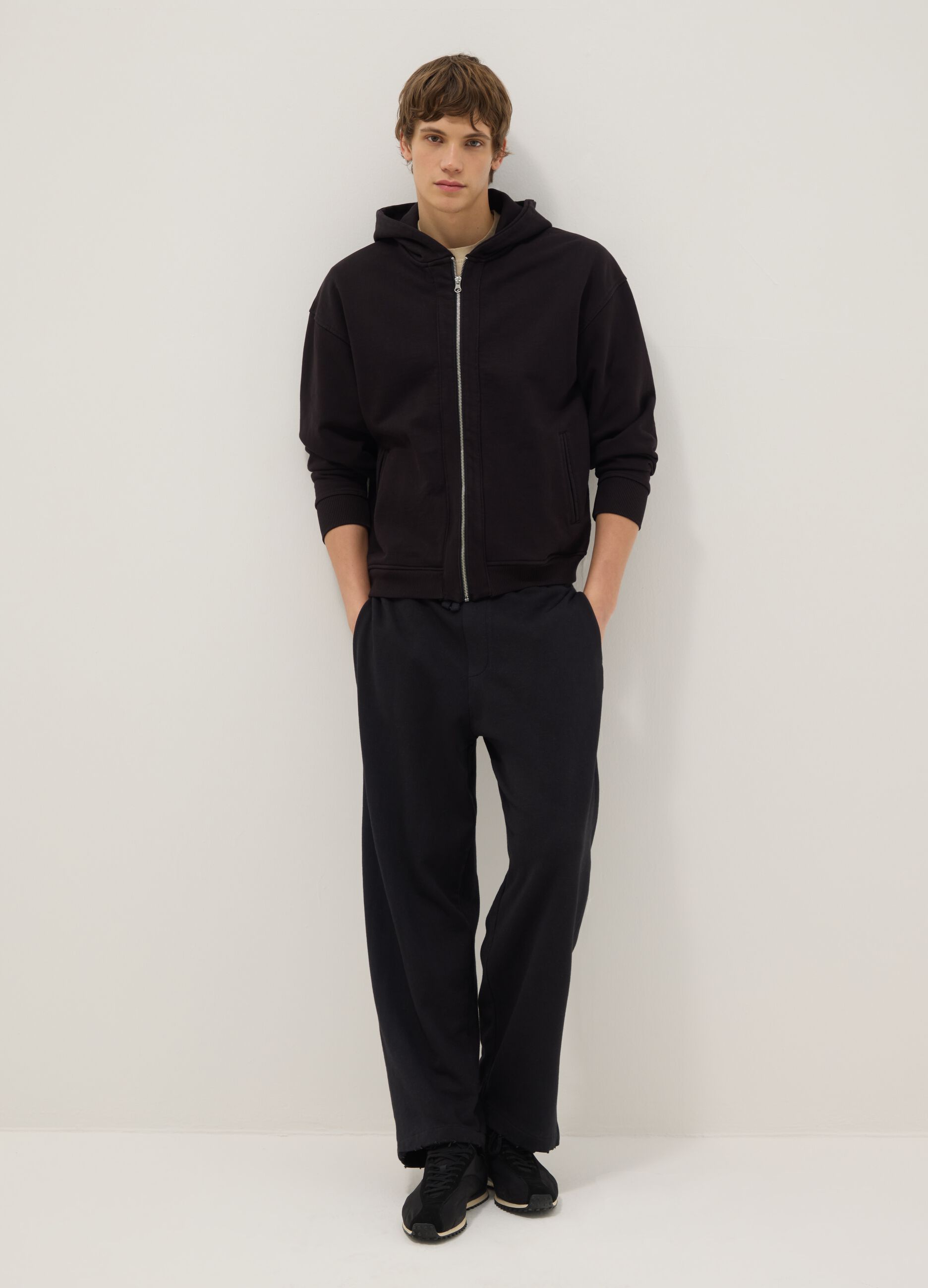 Black cotton blend regular fit trousers