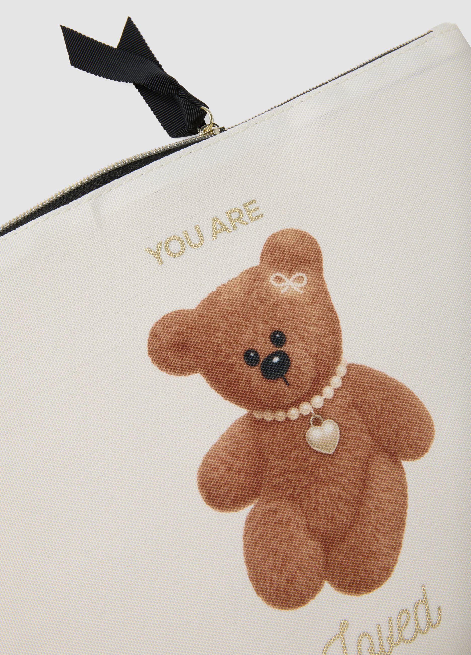 White teddy print pouch