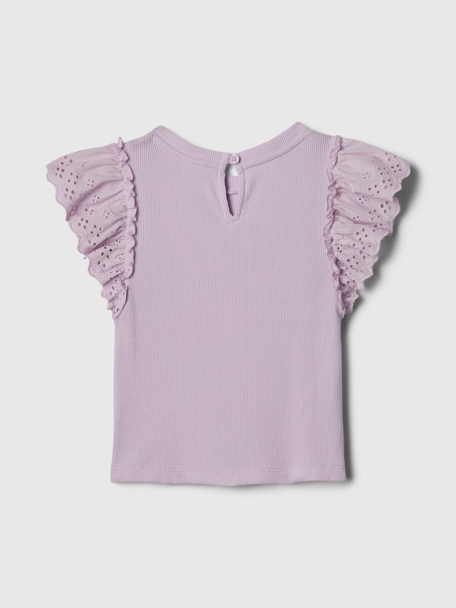 Ribbed T-shirt with flounce in broderie anglaise_1