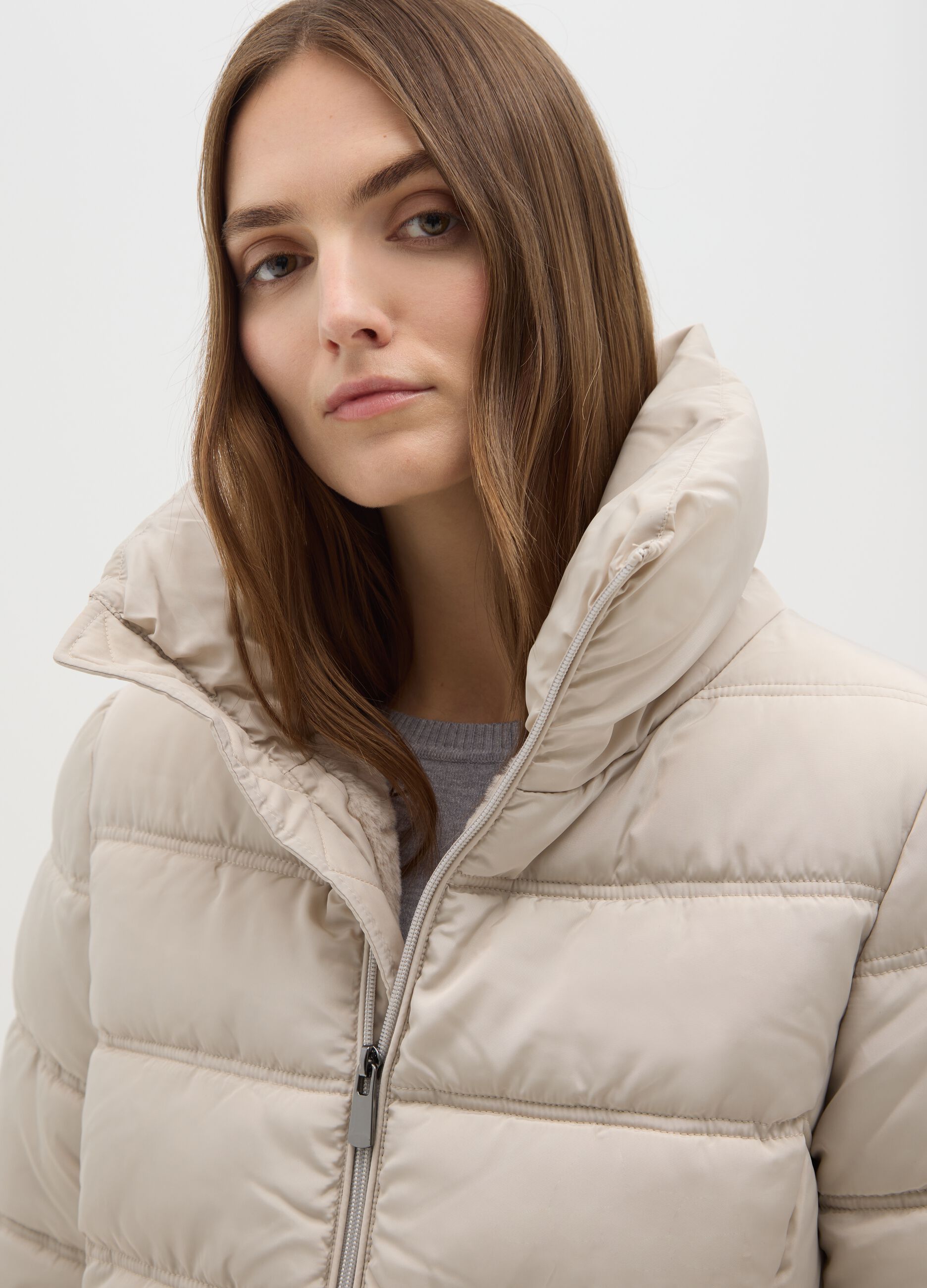 Beige Quilted Jacket Regular Fit