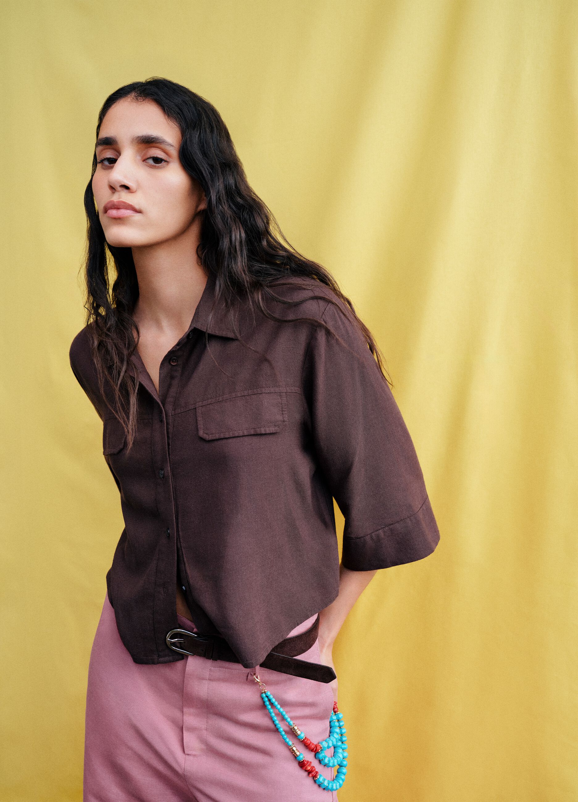 Brown viscose and linen blend shirt, regular fit