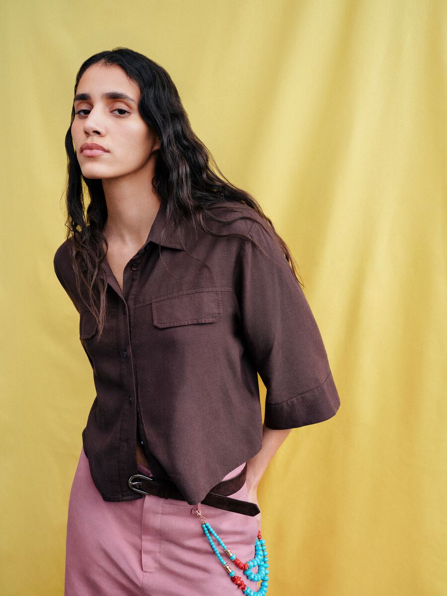 Brown viscose and linen blend shirt, regular fit_0