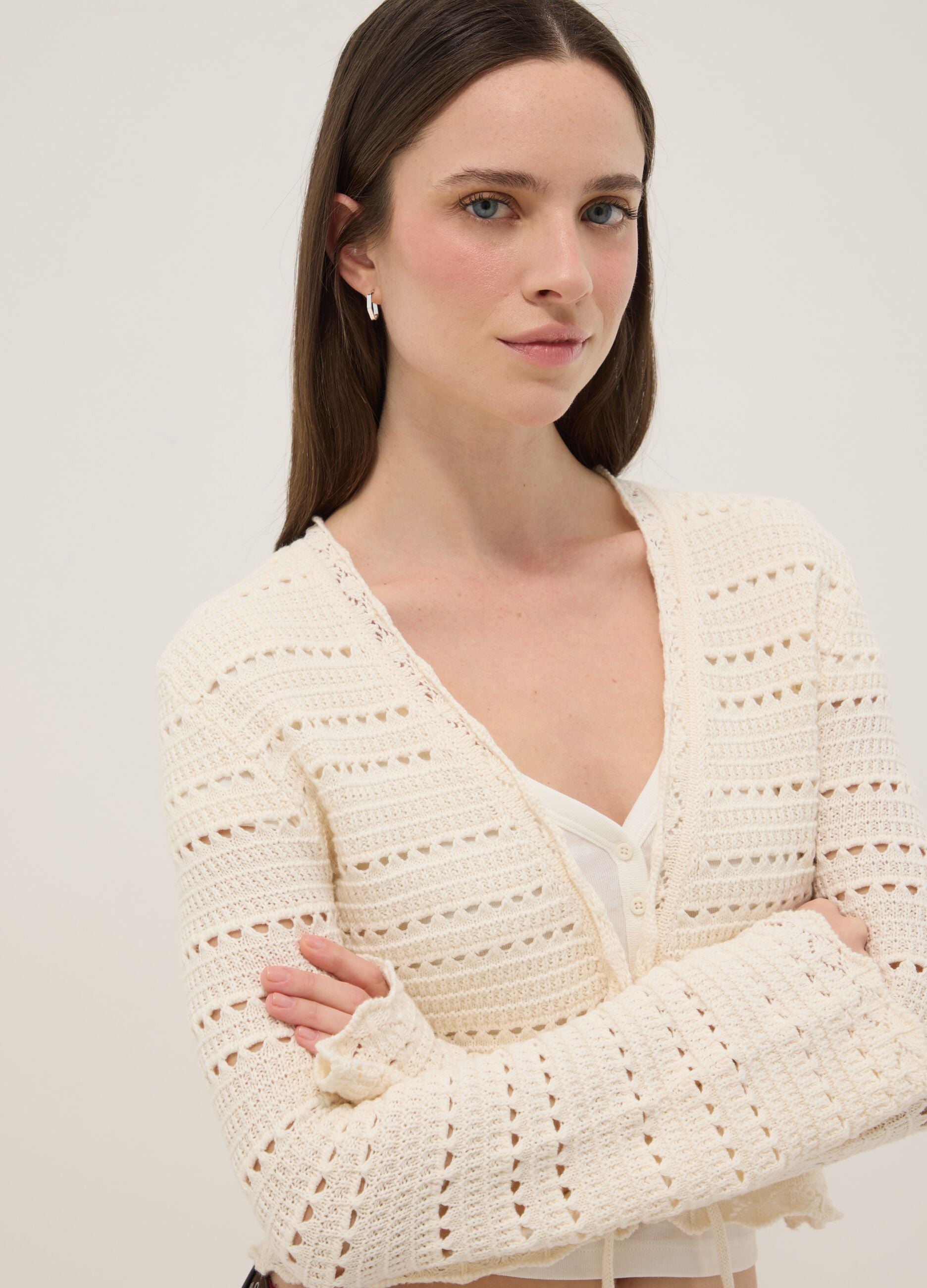 White pure cotton cardigan with regular fit and perforated design