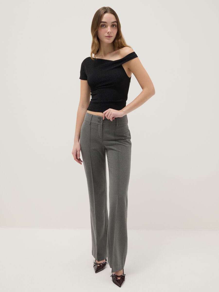 Black viscose blend slim fit T-shirt with Madonna neckline_2