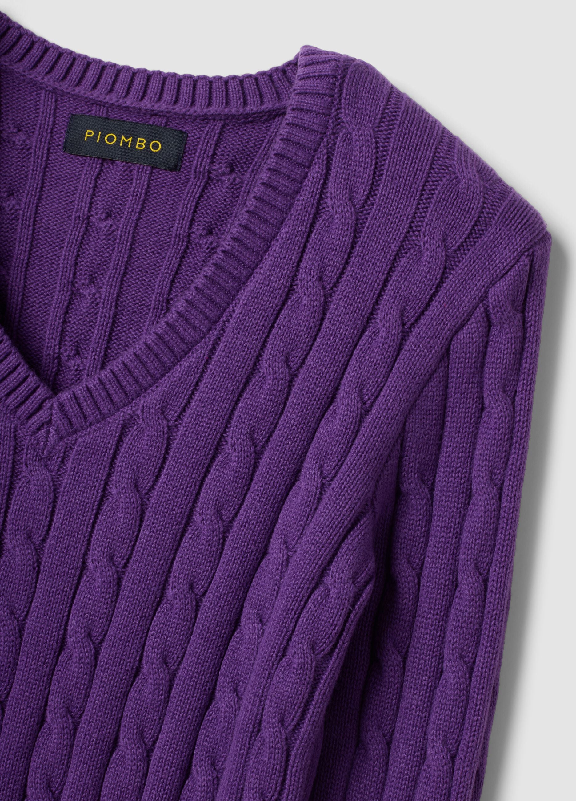 Purple pure cotton cable-knit jumper with deep V-neck