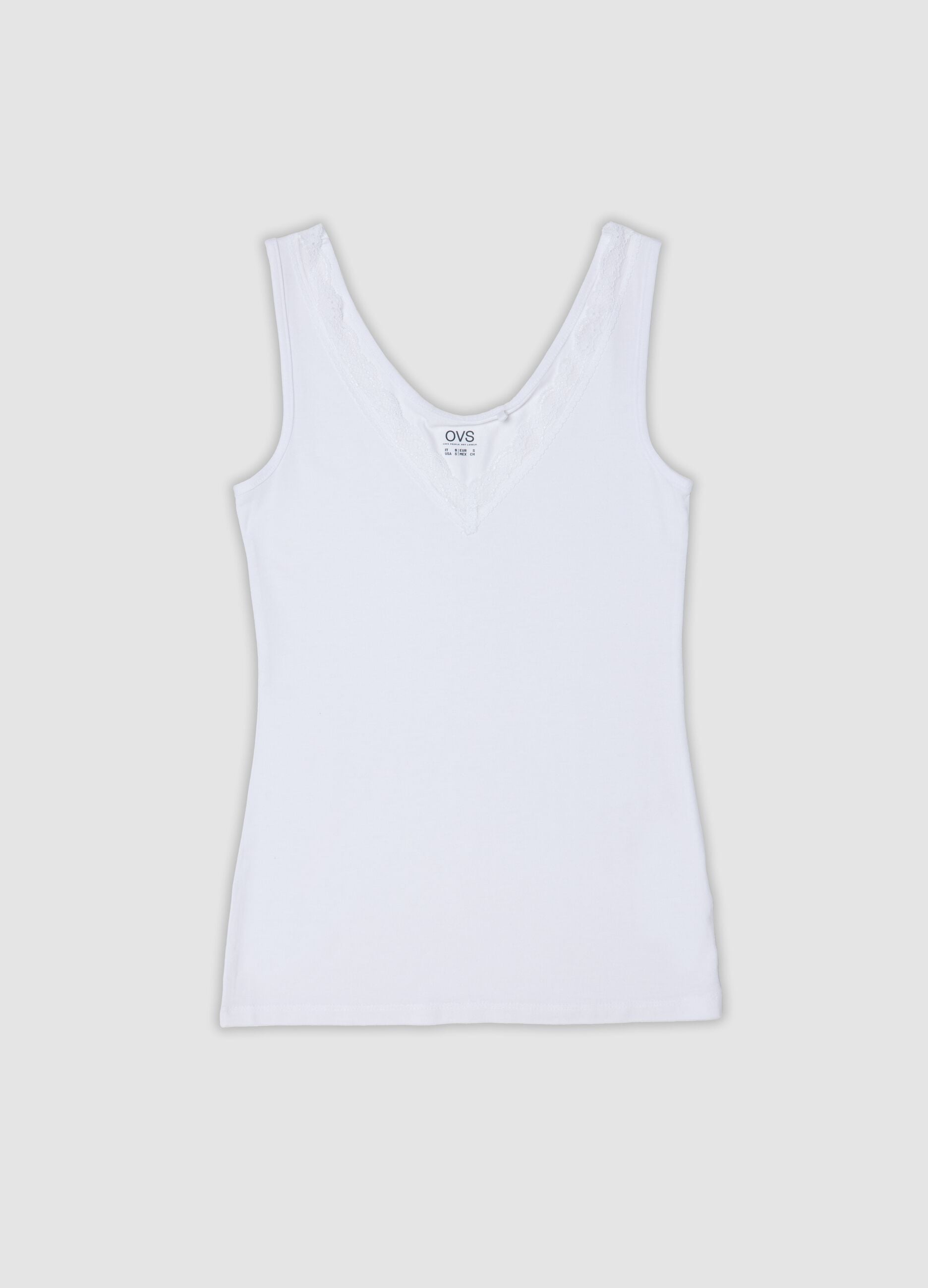 White stretch viscose vest top with deep V-neck and lace trim