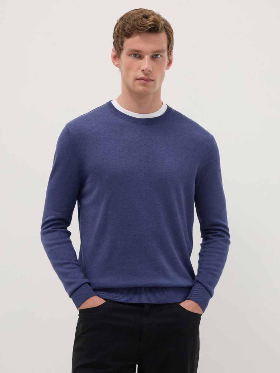 Blue cotton-blend crew neck sweater, regular fit_0