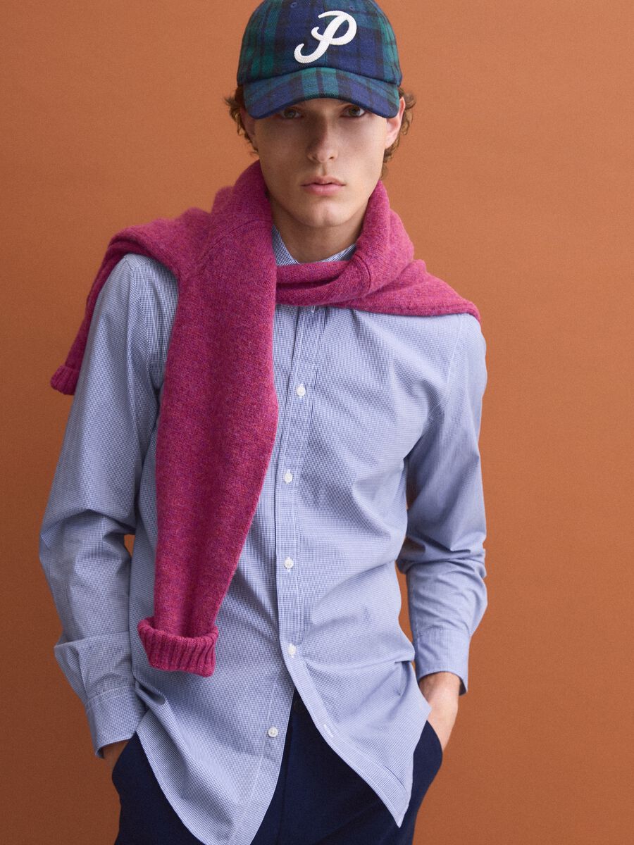 Camicia azzurra in popeline di puro cotone a quadri regular fit_0