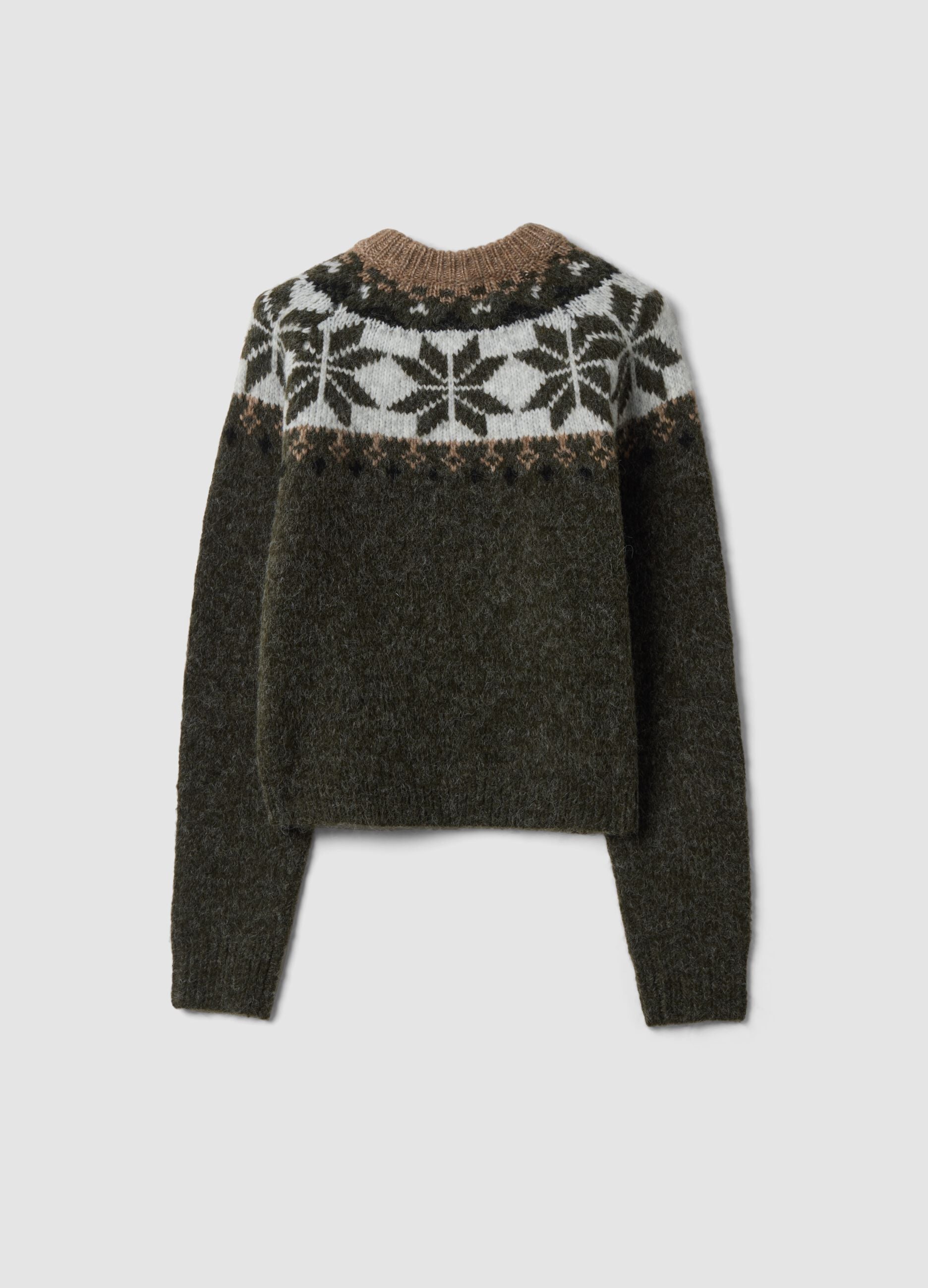 Brown wool-blend jumper with jacquard mock neck