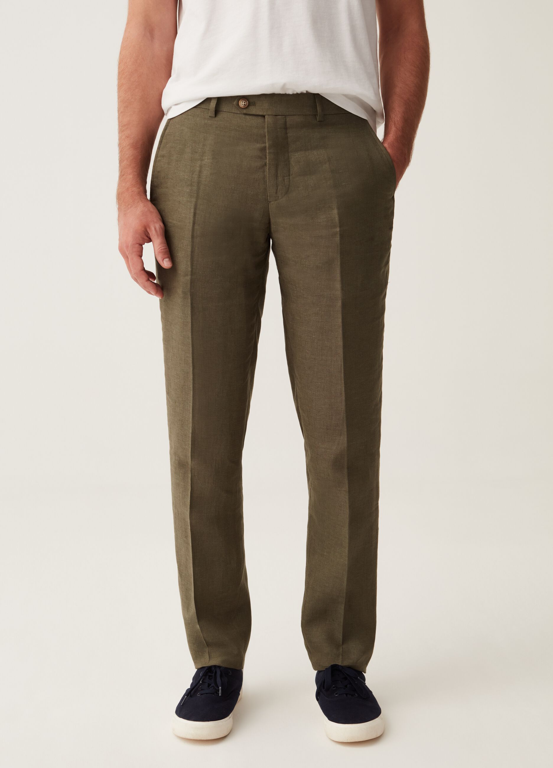 Pantalone slim fit in lino verde_1