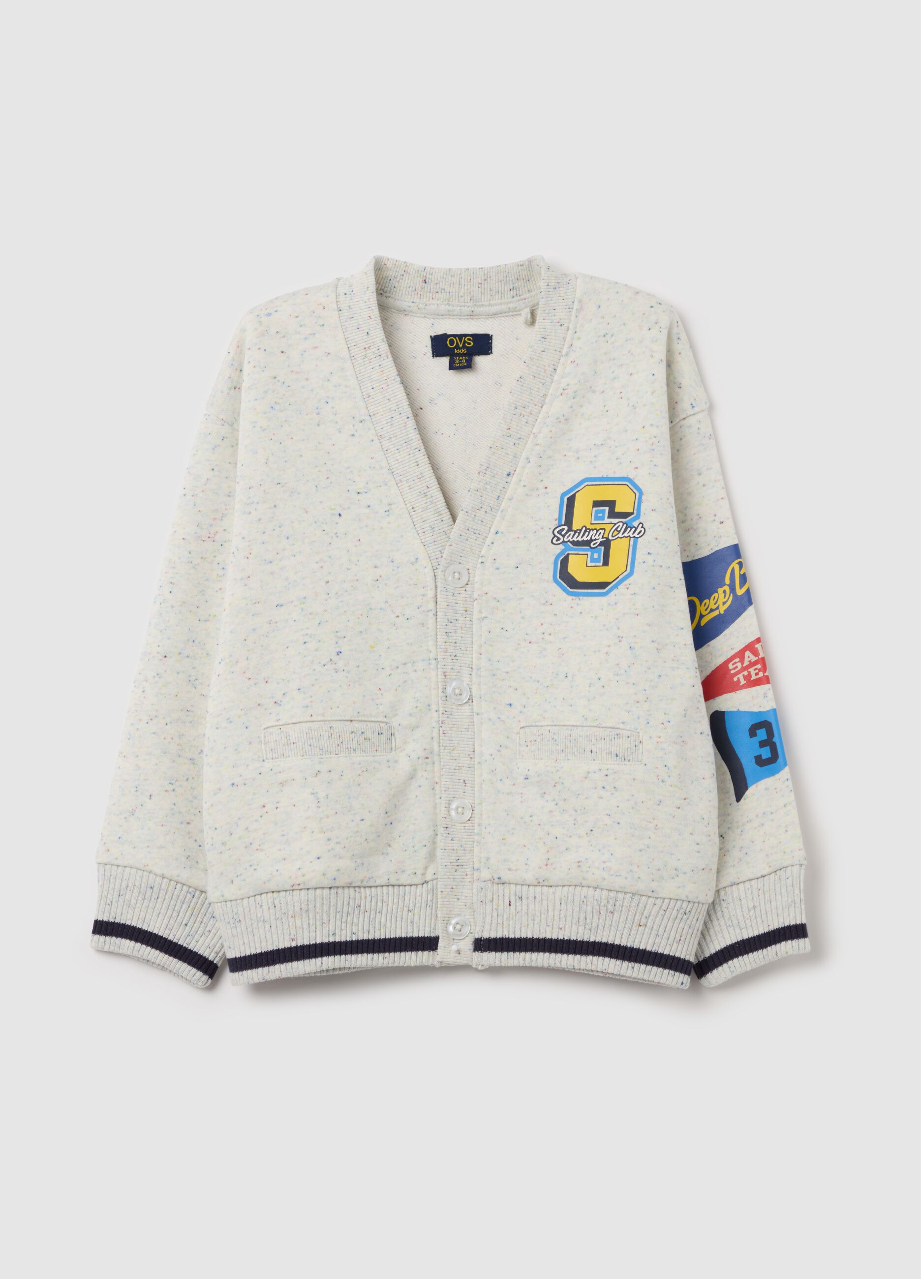 Terry jersey cardigan with V neck and print