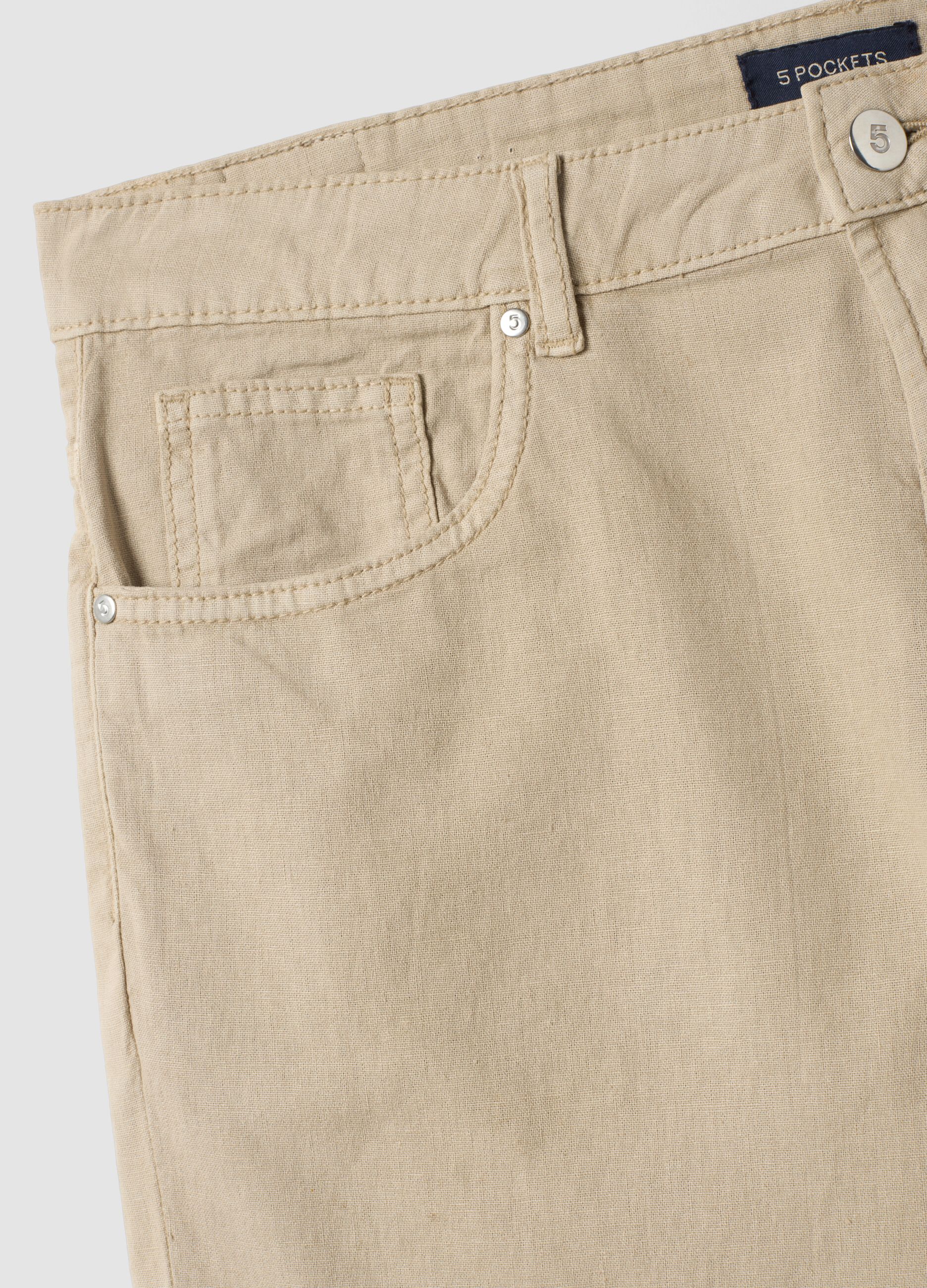 Beige five-pocket linen and cotton blend Bermuda shorts