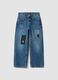 Jeans denim blu in puro cotone straight fit con toppe per bambino_0
