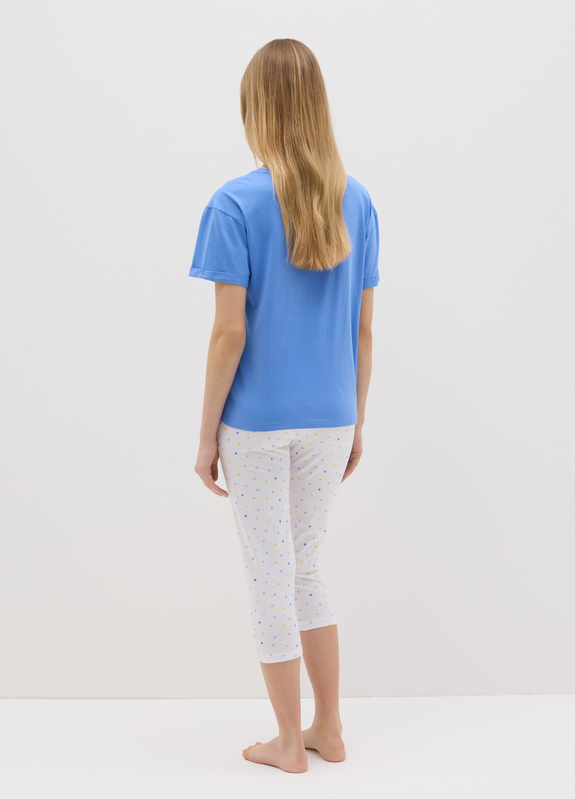 Pigiama in cotone bianco e azzurro con stampa